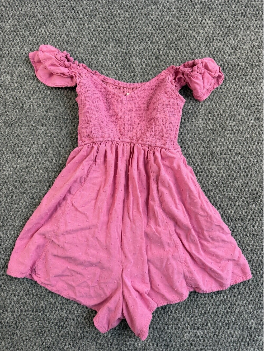 Hollister Pink Smocked Romper Dress XS Off Shoulder Puff Sleeve Swiss Dot